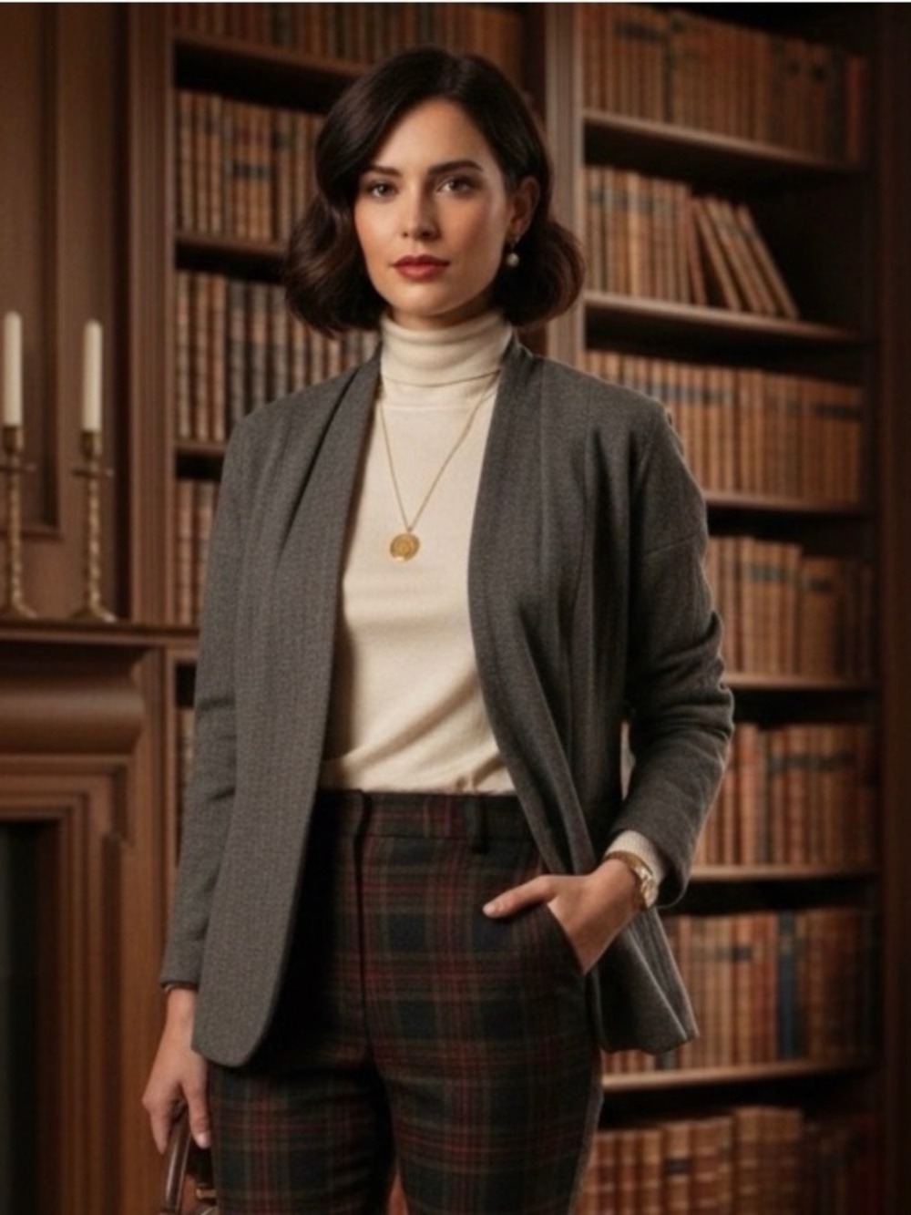 Lida Baday Grey and Brown Pinstriped Collarless Wool Blend Blazer Size 6